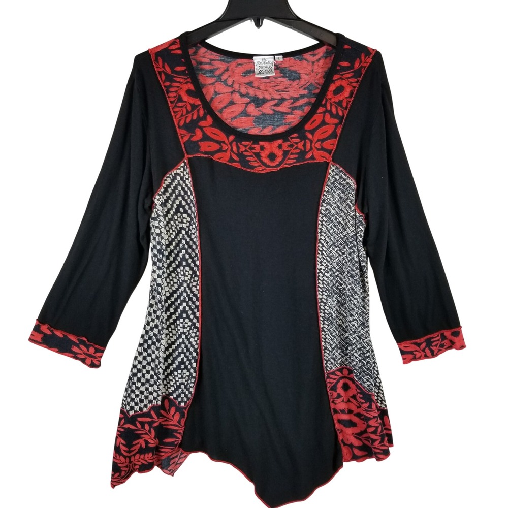 Parsley & Sage Tunic Women Large Black Red Mixed Print Sharkbite Hem 3/4 Sleeve